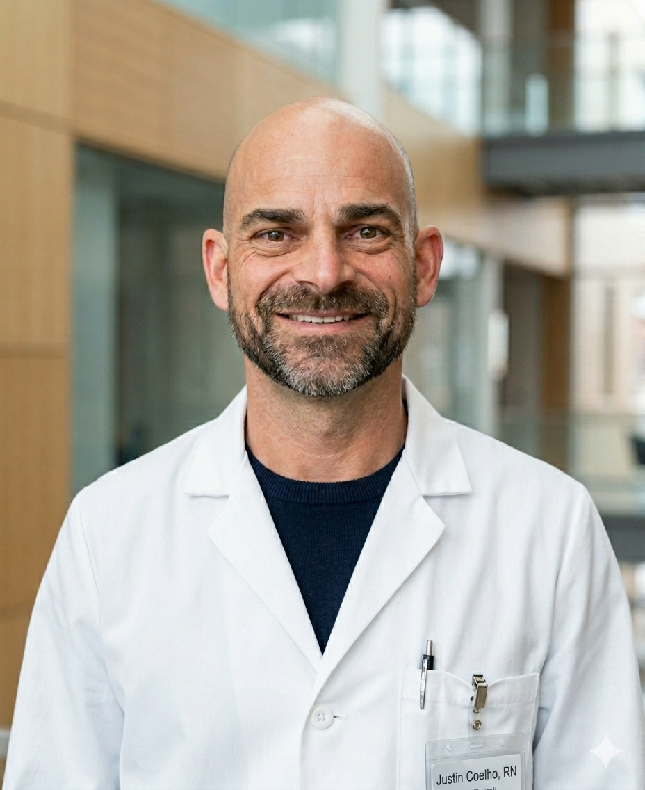Justin Coelho, RN in his clinical lab coat