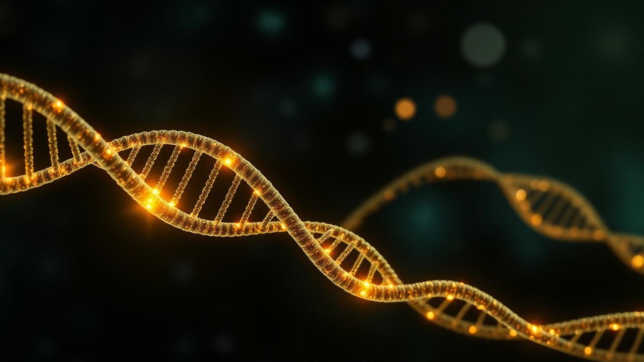 Glowing DNA strands representing telomeres and cellular aging