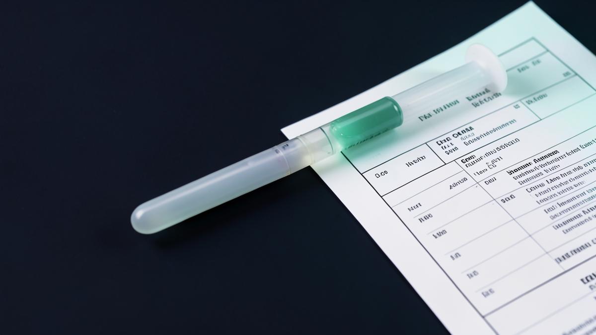 A serum blood collection tube resting on a laboratory report against a dark charcoal background with teal accent light