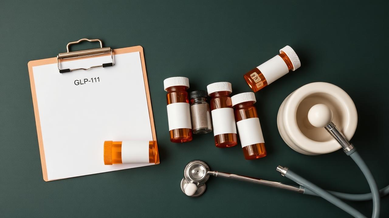 Prescription vials, pharmacy mortar and pestle, and FDA paperwork on a dark forest green clinical desk with gold accent lighting