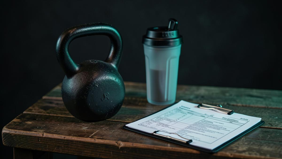 A kettlebell, protein shaker, and printed training plan on a wooden bench with dark background and teal accent light