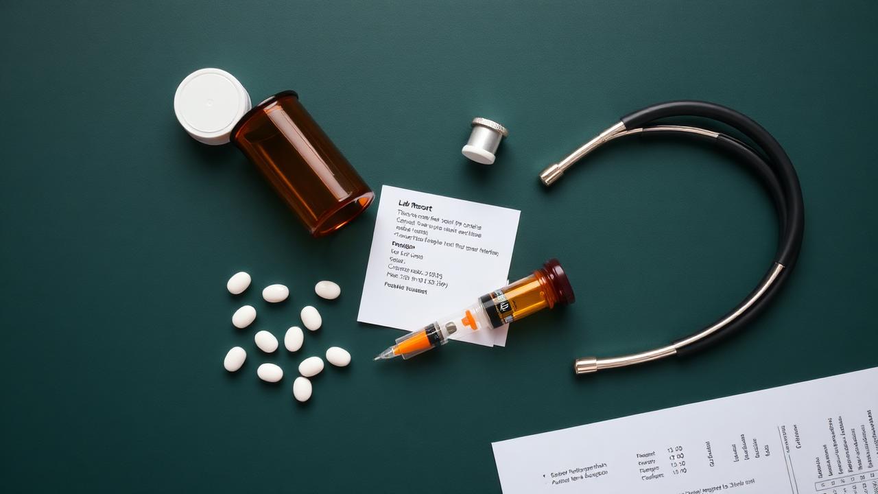 Oral GLP-1 tablets in a prescription bottle beside an injection pen, a lab report, and a stethoscope on a dark forest green surface