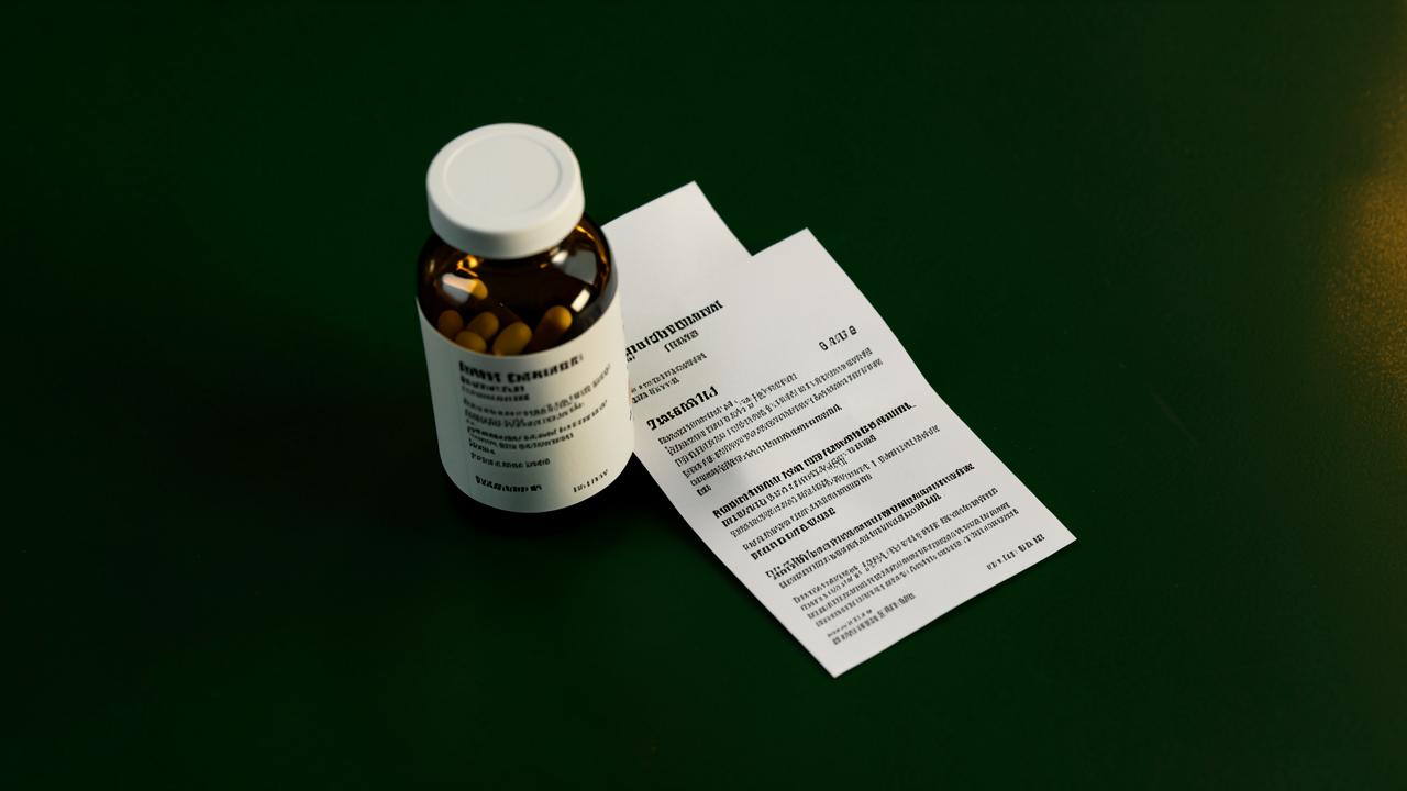 An unmarked prescription bottle beside a medication information leaflet on a dark forest green surface