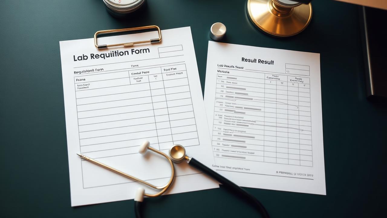 A lab requisition form and hs-CRP result sheet on a dark forest green desk with a stethoscope and gold accent lighting