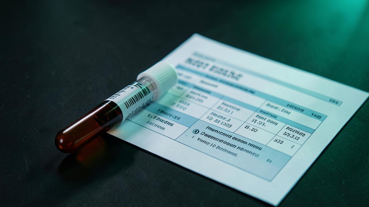 A serum blood collection tube resting on a printed iron panel lab report against a dark charcoal background with teal accent light