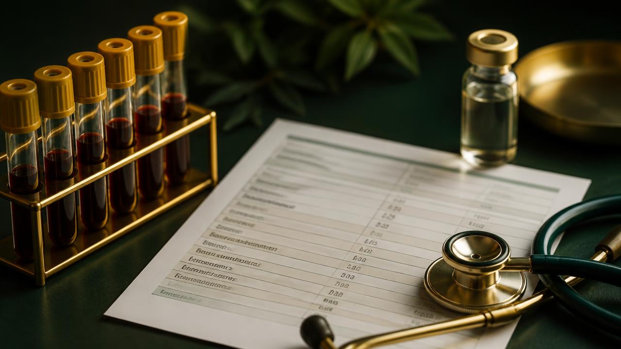 Amber blood collection tubes, a lipid panel lab report, and a stethoscope on a dark forest green clinical surface with gold accent lighting