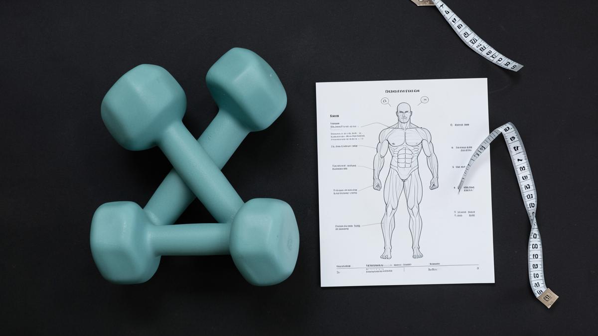 Dumbbells beside a printed body composition report and a measuring tape on a dark charcoal surface