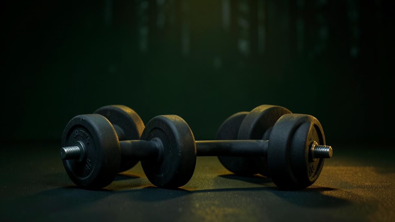 Dumbbells and a barbell in a minimal gym against a dark forest green background with gold accent lighting