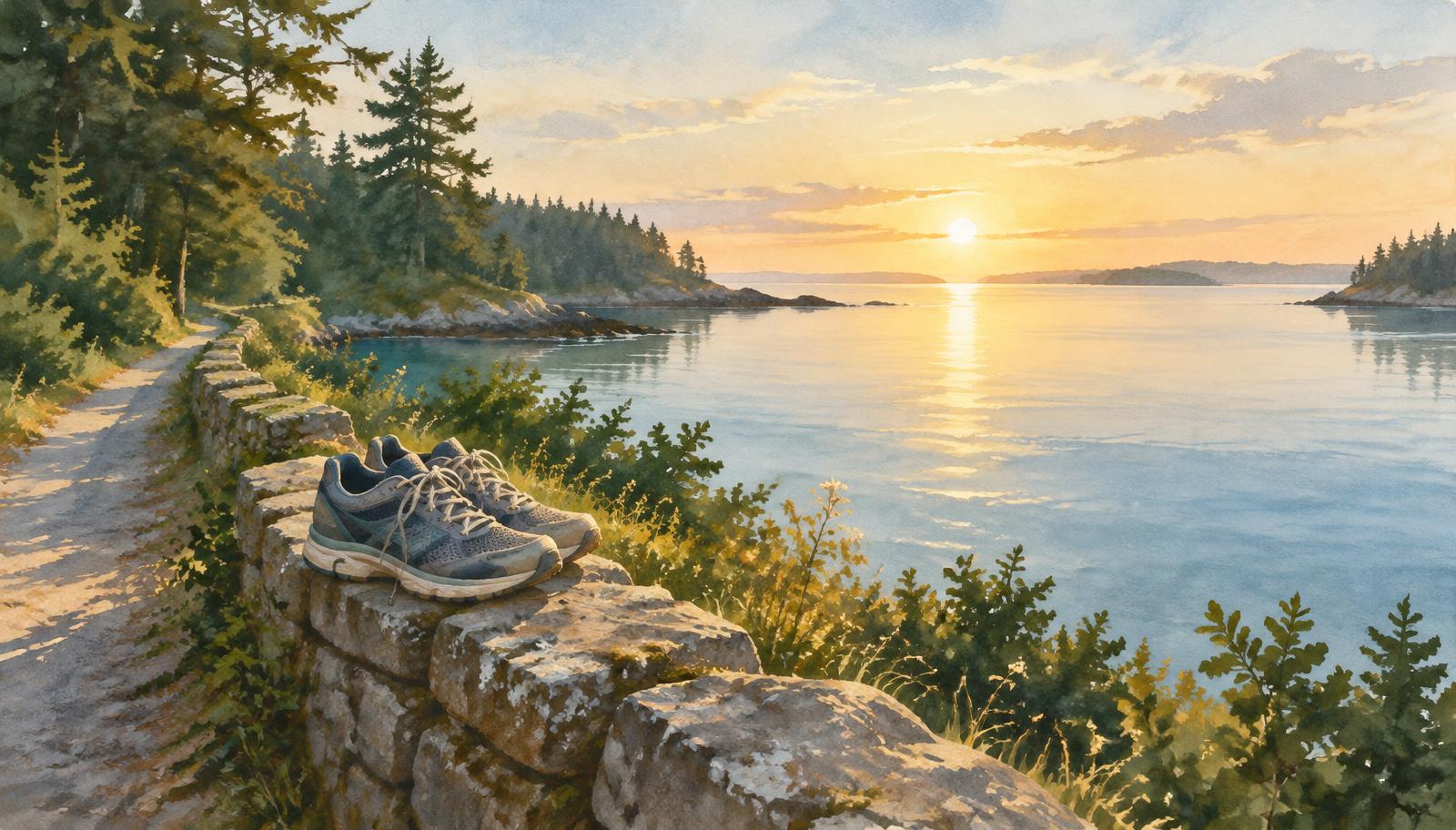 Soft watercolor of a shoreline path at sunrise with a pair of running shoes resting on a low stone wall.