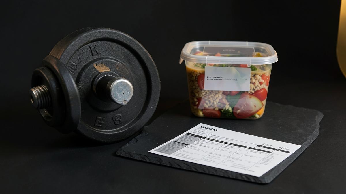 A barbell plate, a protein-rich prepared meal, and a printed lab panel report on a slate surface