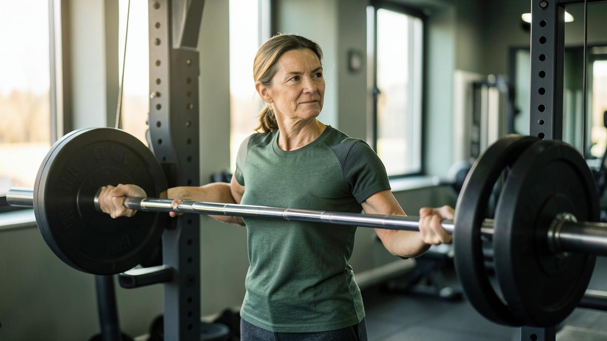 A woman in her late forties gripping a loaded barbell in a bright modern gym