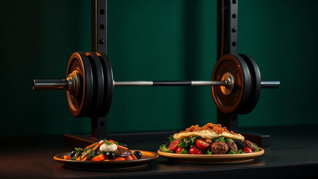 A loaded barbell on a rack beside a plate of high-protein food on a dark forest green background with warm gold accent lighting