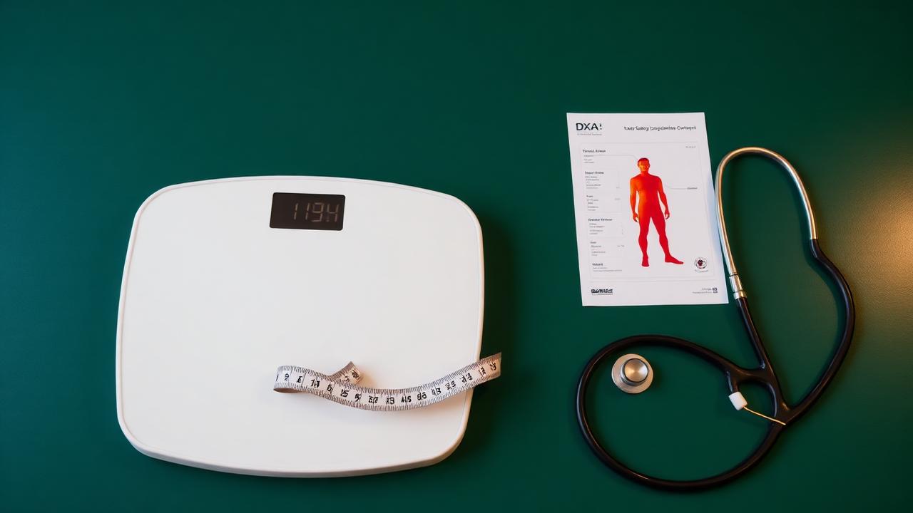 A bathroom scale with a measuring tape beside a DXA body composition report and stethoscope on a dark forest green surface with gold accent lighting