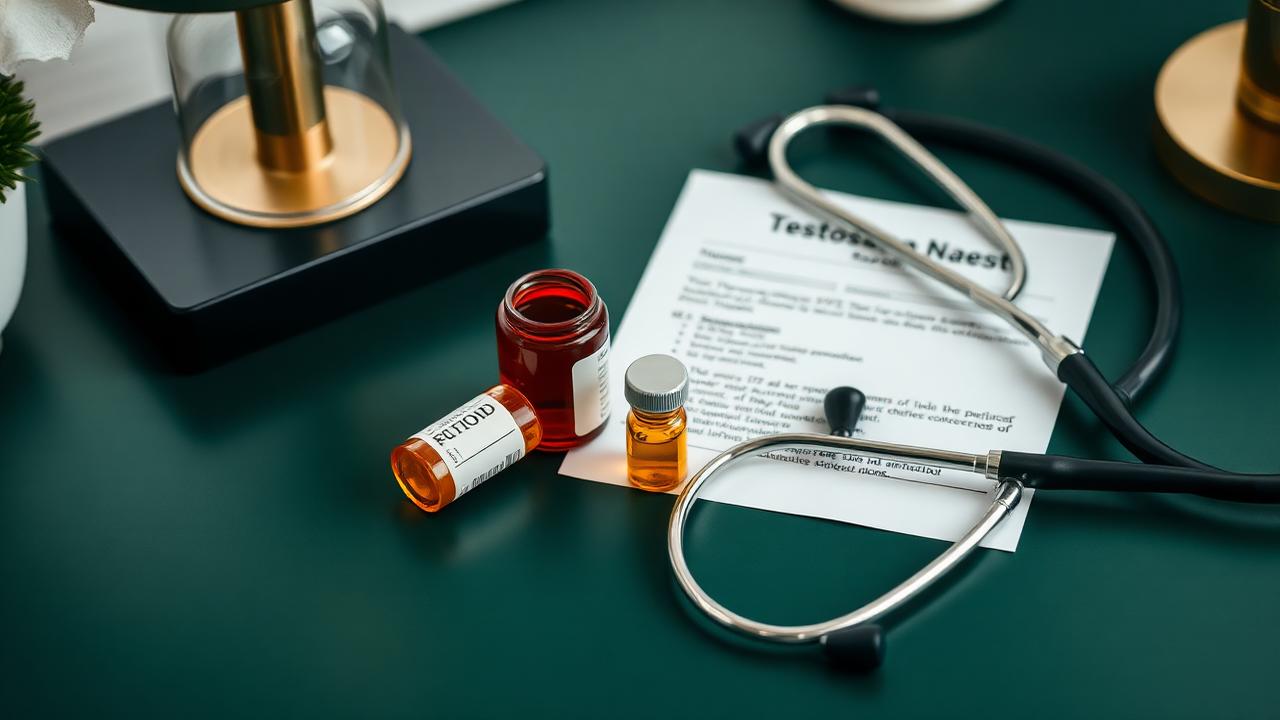 Testosterone lab report, prescription vial, and stethoscope on a dark forest green clinical desk with gold accent lighting