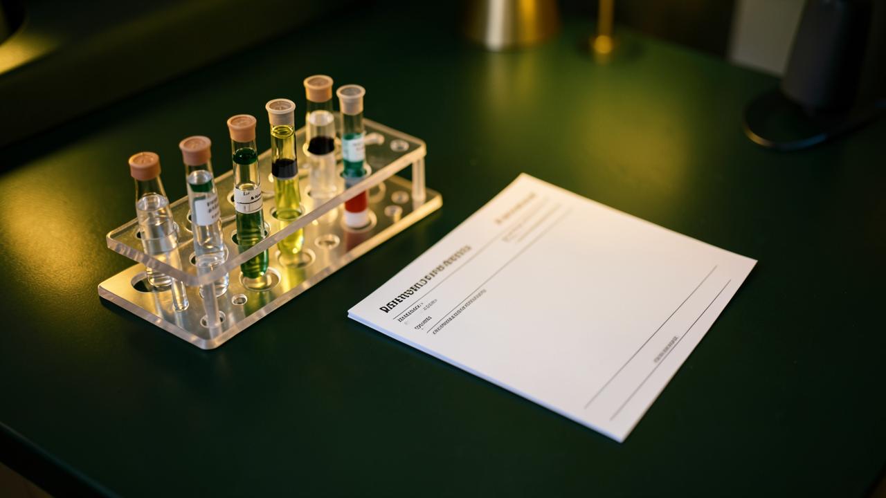 Thyroid lab test tubes in a rack beside a blank requisition form on a dark forest green desk