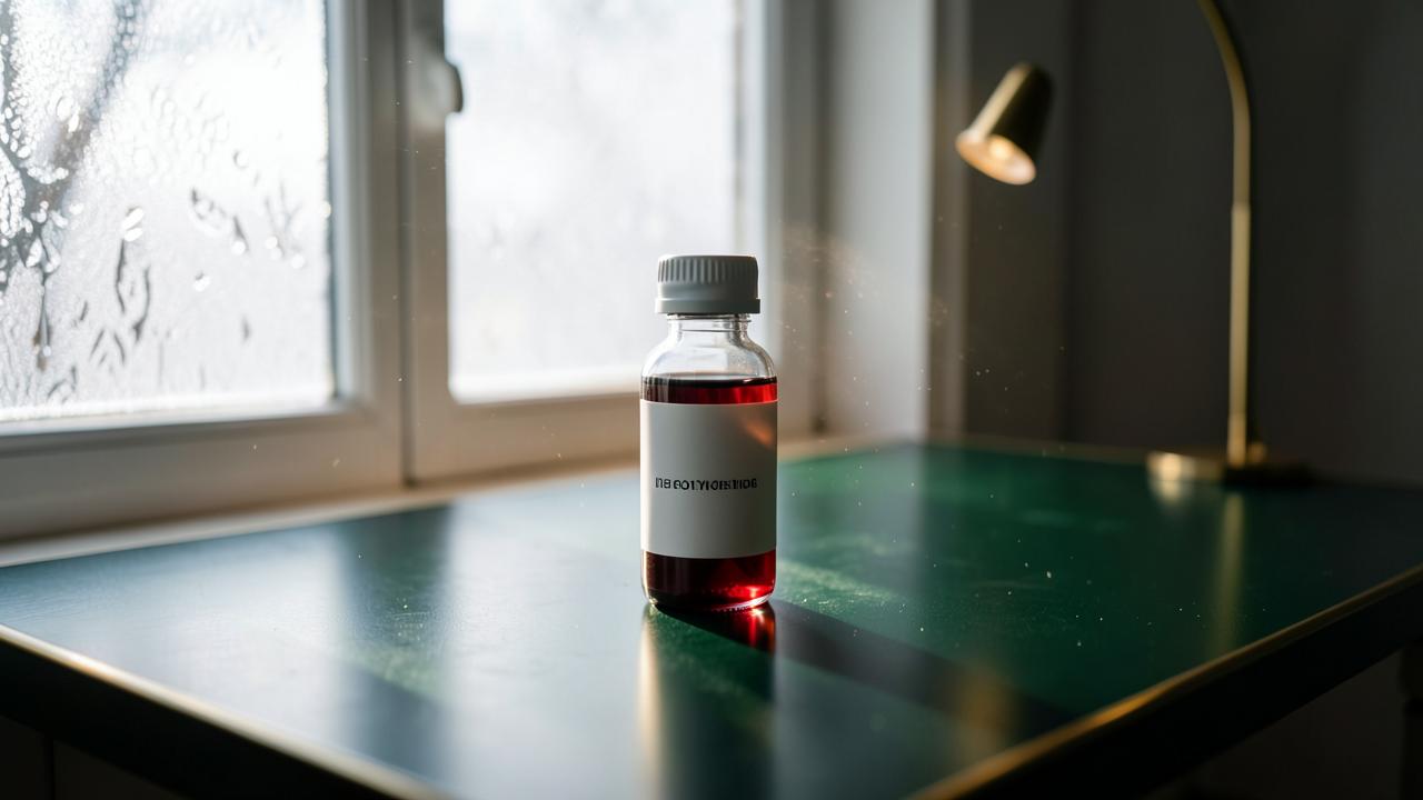 Winter light through a frosted window falling on a blood sample vial on a dark forest green table